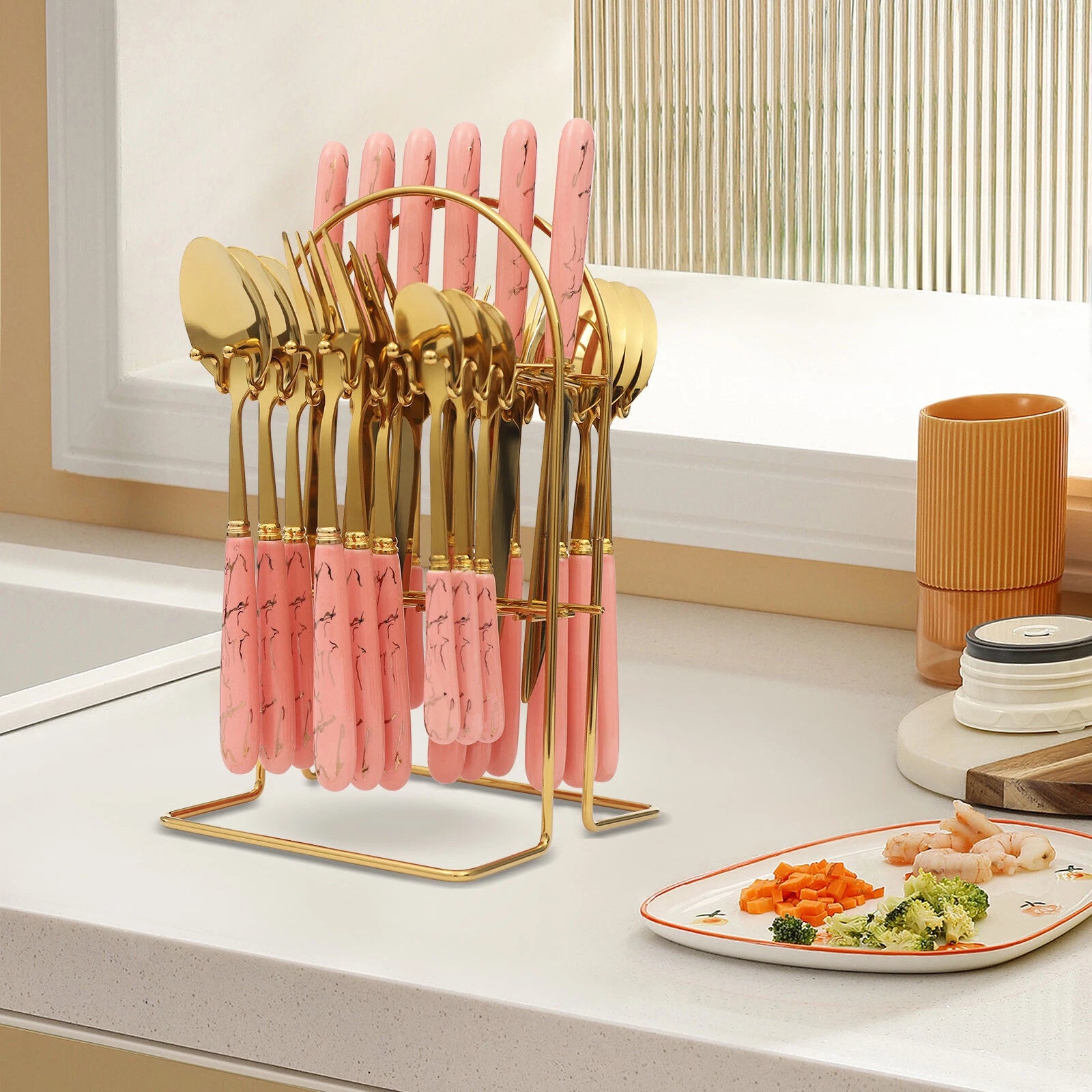 Marblene Pattern 24 Pcs Cutlery Set & Cutlery Holder