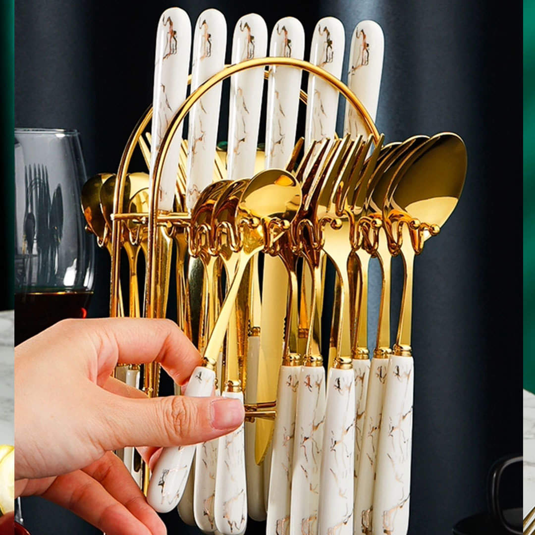 Marblene Pattern 24 Pcs Cutlery Set & Cutlery Holder