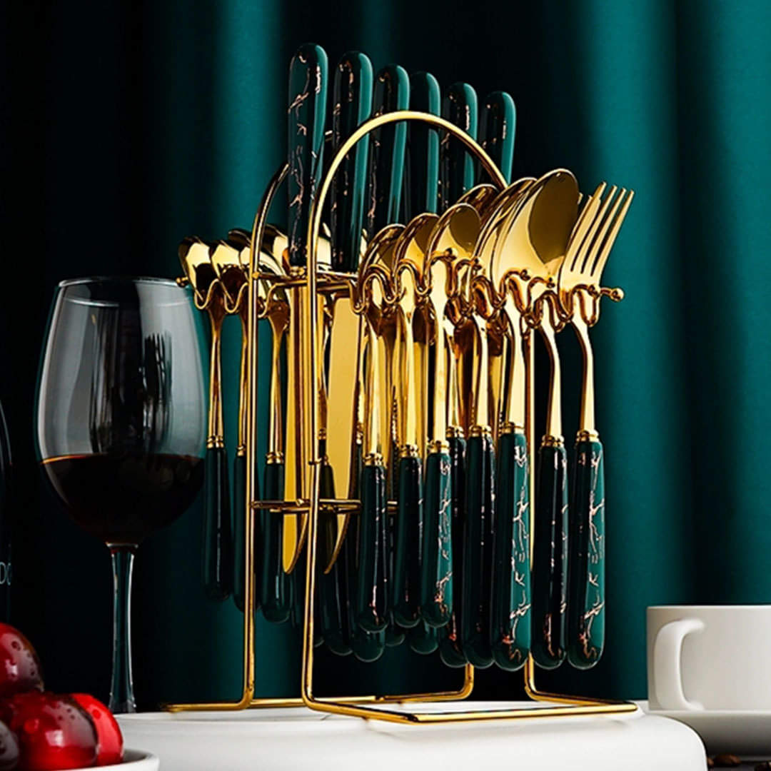 Marblene Pattern 24 Pcs Cutlery Set & Cutlery Holder
