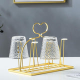 Gold Plated Modern Style Glass Drying Stand With Draining Tray- Heart Shape Stand