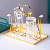 Gold Plated Modern Style Glass Drying Stand With Draining Tray- Heart Shape Stand