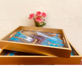 Classic Ocean Blue Golden Serving Trays Pair