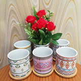 Truck Art Design Flower Pots With Wooden Base & Flowers-6 pc